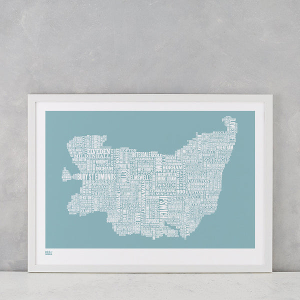 'Suffolk' Type Map Print in Coastal Blue