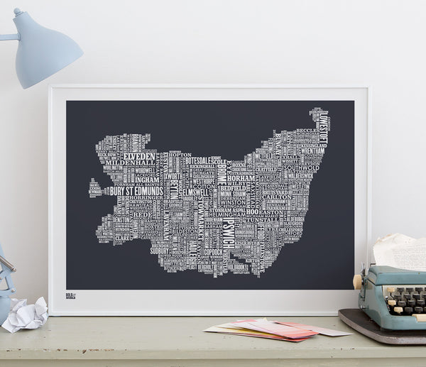 'Suffolk' Type Map Print in Sheer Slate