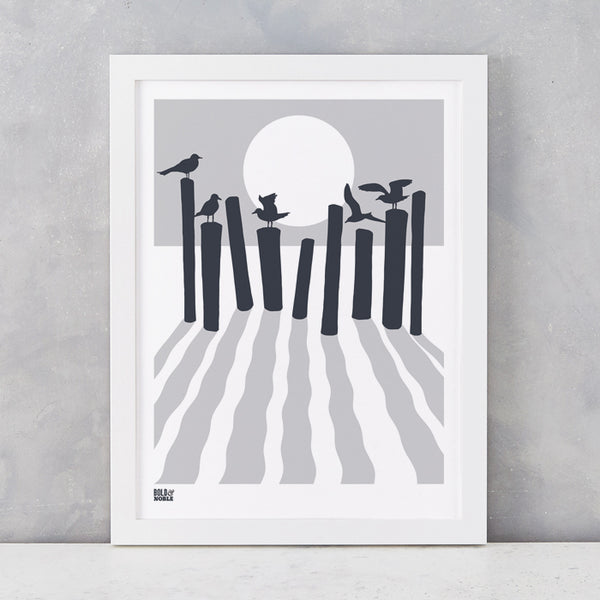 On The Beach in Chalk Grey, screen printed onto recycled card, deliver worldwide