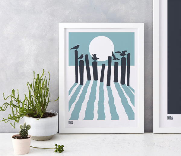 On The Beach in Coastal Blue, fits into standard size frames or can be bespoke framed