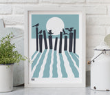 On The Beach in Chalk Grey, Printed Seaside and Sunset Wall Art in Coastal Blue