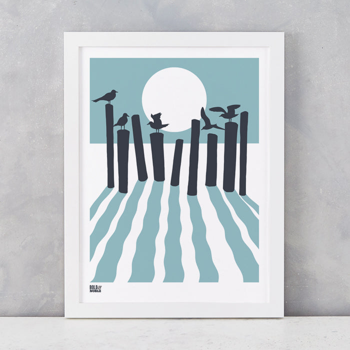 On The Beach in Coastal Blue, screen printed onto recycled card, deliver worldwide