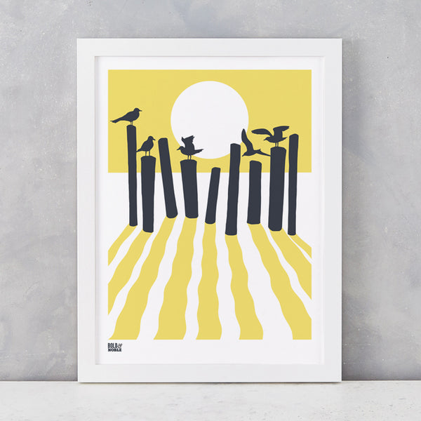 On The Beach in Yellow, screen printed onto recycled card, deliver worldwide