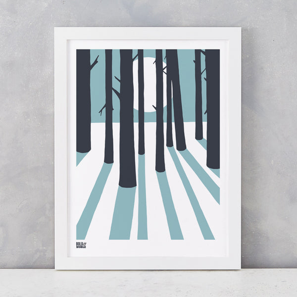 In the Woods screen print in Coastal Blue, screen printed in the UK, delivered worldwide