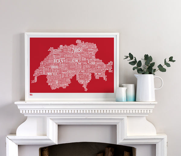 'Switzerland' Type Map Print in Poppy Red