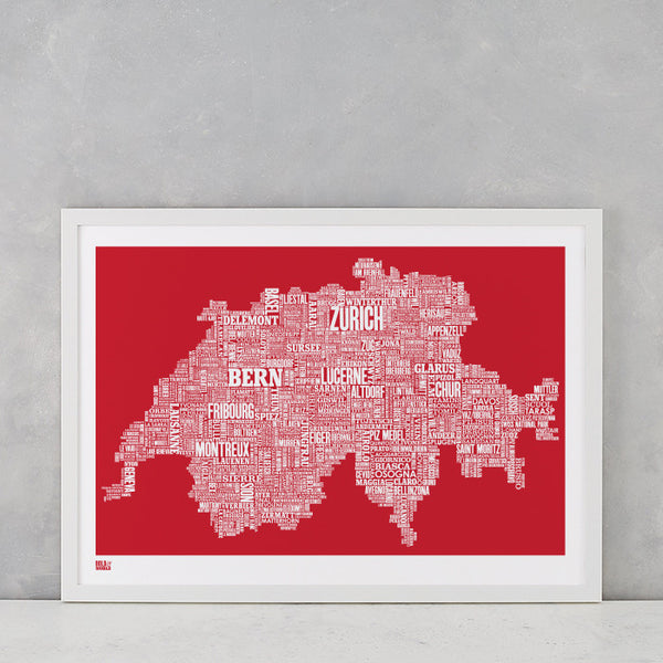 'Switzerland' Type Map Print in Poppy Red