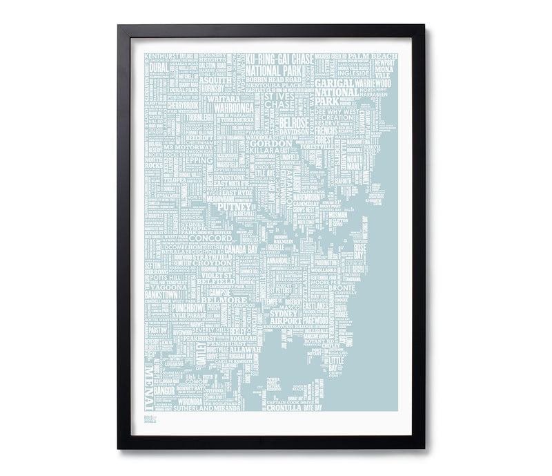 'Sydney' Type Map Print in Duck Egg Blue