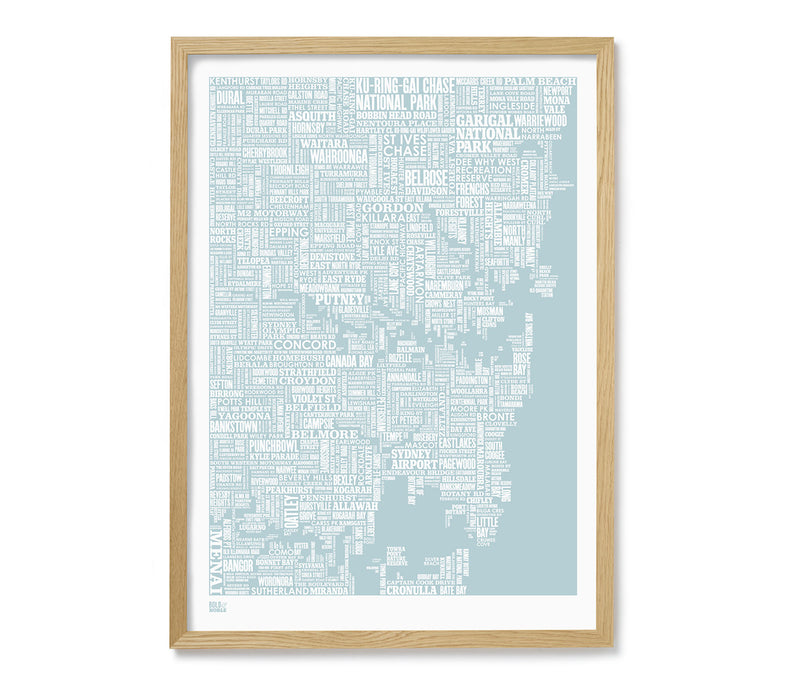 'Sydney' Type Map Print in Duck Egg Blue