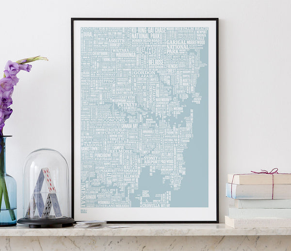 'Sydney' Type Map Print in Duck Egg Blue