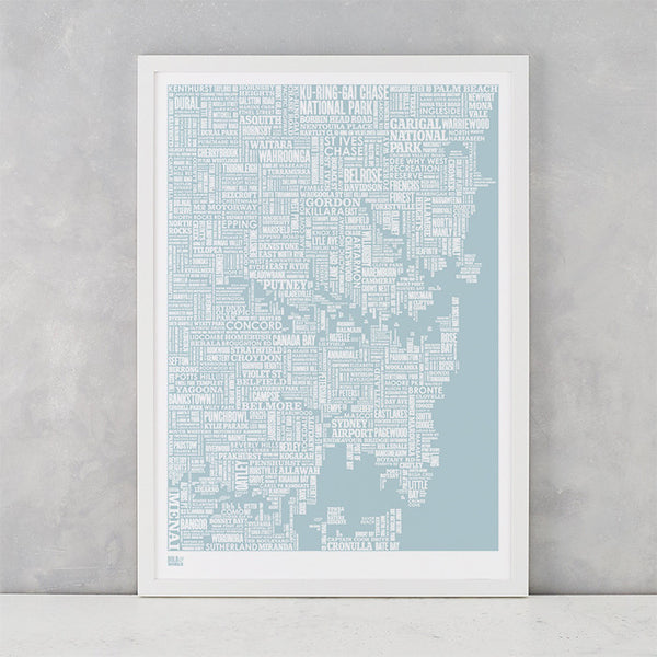 'Sydney' Type Map Print in Duck Egg Blue