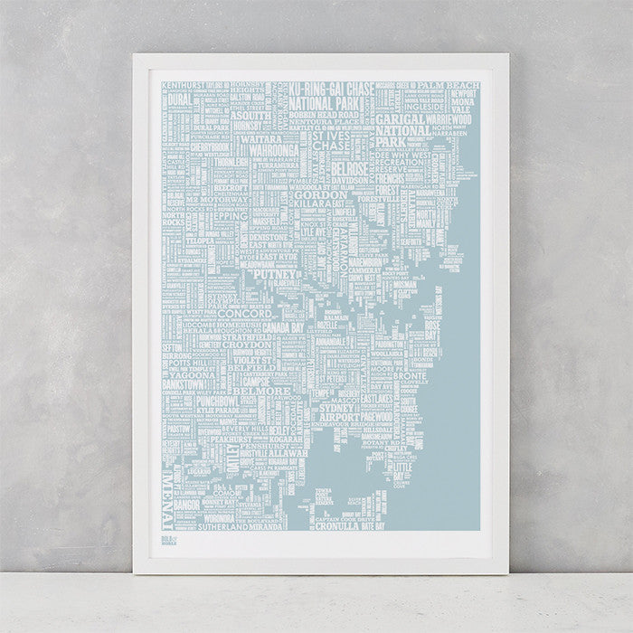 'Sydney' Type Map Print in Duck Egg Blue