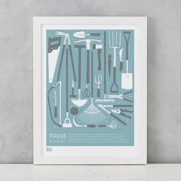 'Tools' The Garden Shed Print in Coastal Blue