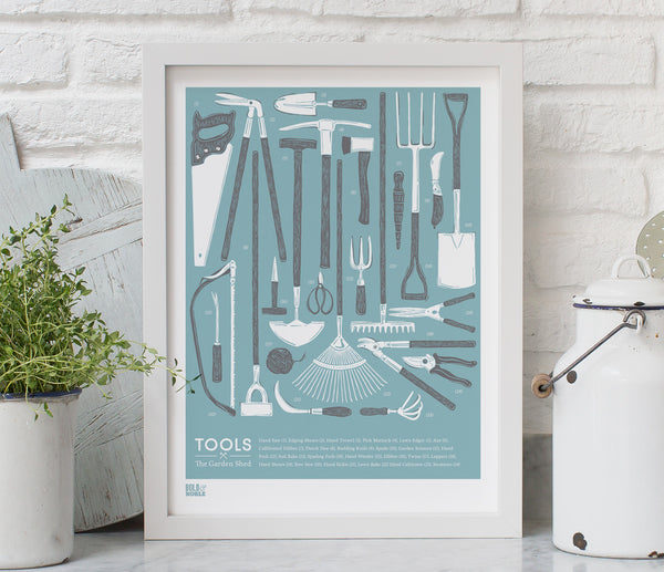 'Tools' The Garden Shed Print in Coastal Blue