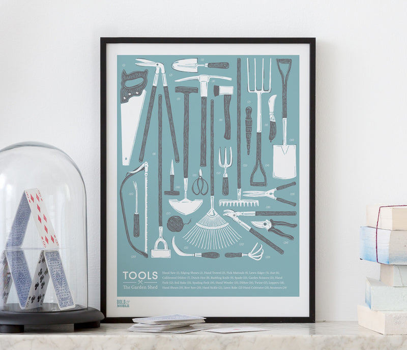 'Tools' The Garden Shed Print in Coastal Blue