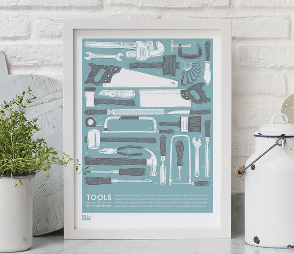'Tools' The Work Bench Print in Coastal Blue