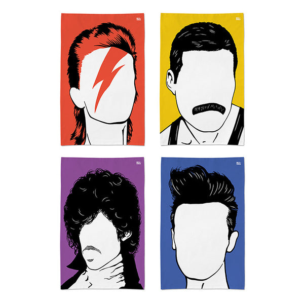Rock Icons Tea Towels, Bowie, Freddie, Prince and Morrissey
