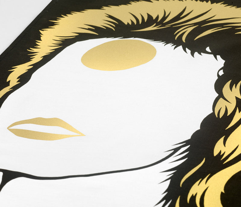 Close up of David Bowie screen printed Tea Towel in bronze