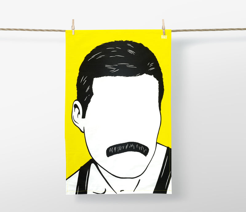 Freddie Mercury Tea Towel in Yellow, screen printed in the UK