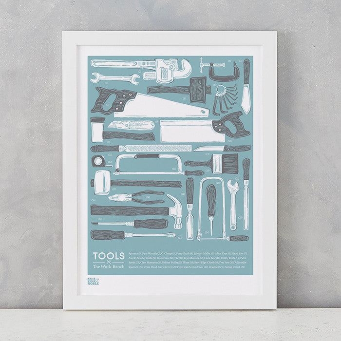 'Tools' The Work Bench Print in Coastal Blue