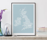 'UK and Ireland' Type Map Print in Duck Egg Blue