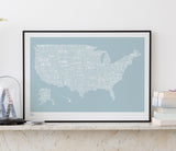 Wordle Map of USA, place names created with different fonts, fits into standard size frames, or can be bespoke framed