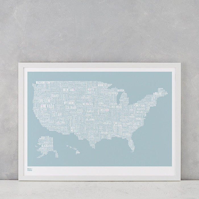 USA Type Map Print, screen printed in the UK, deliver worldwide