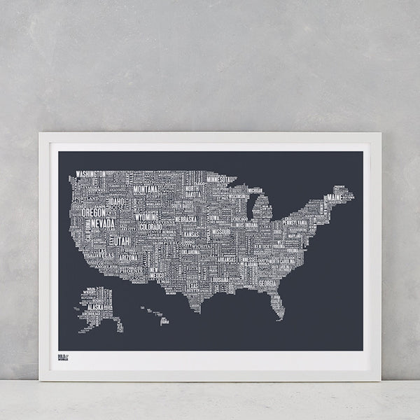 USA Type Map Print, screen printed in the UK, deliver worldwide