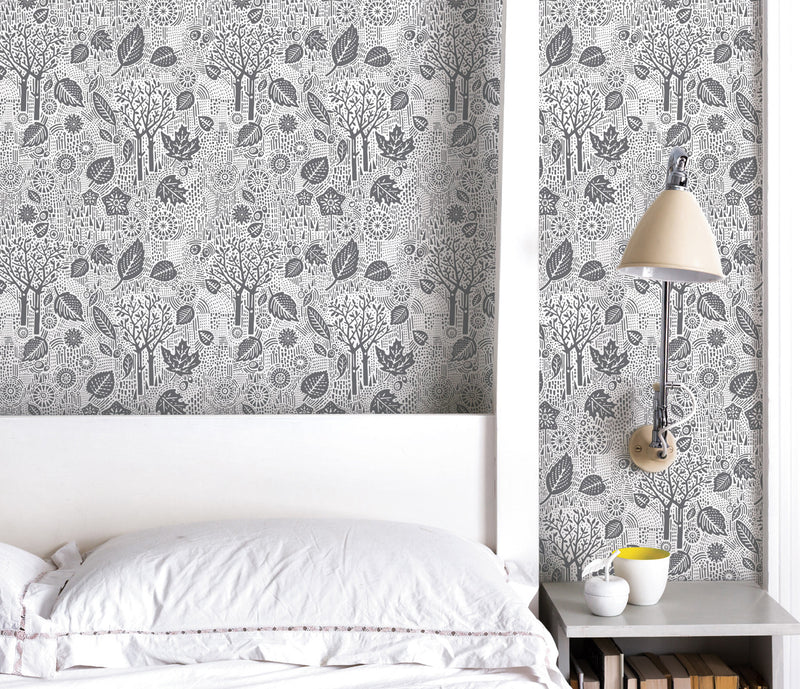 Bedroom wallpaper ideas, Autumn Leaves in charcoal grey, nature inspired
