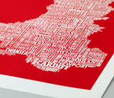 Close up of Illustrated Wales map in red