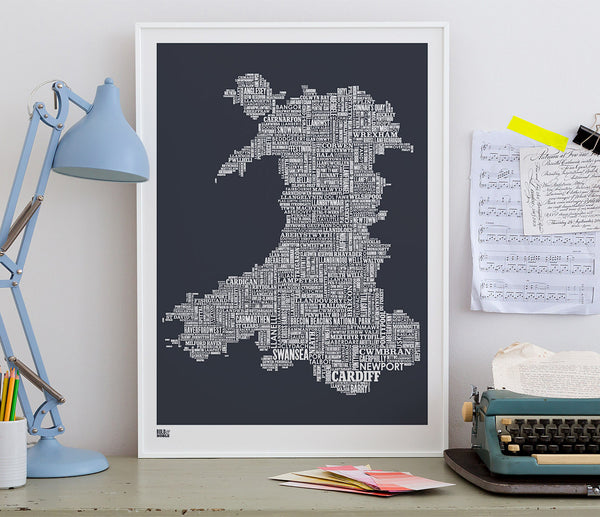 Wordle Map of Wales, place names created with different fonts, fits into standard size frames, or can be bespoke framed.