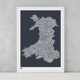 Wales Type Map Print in Slate Dark Grey, Screen Printed in the UK, deliver worldwide