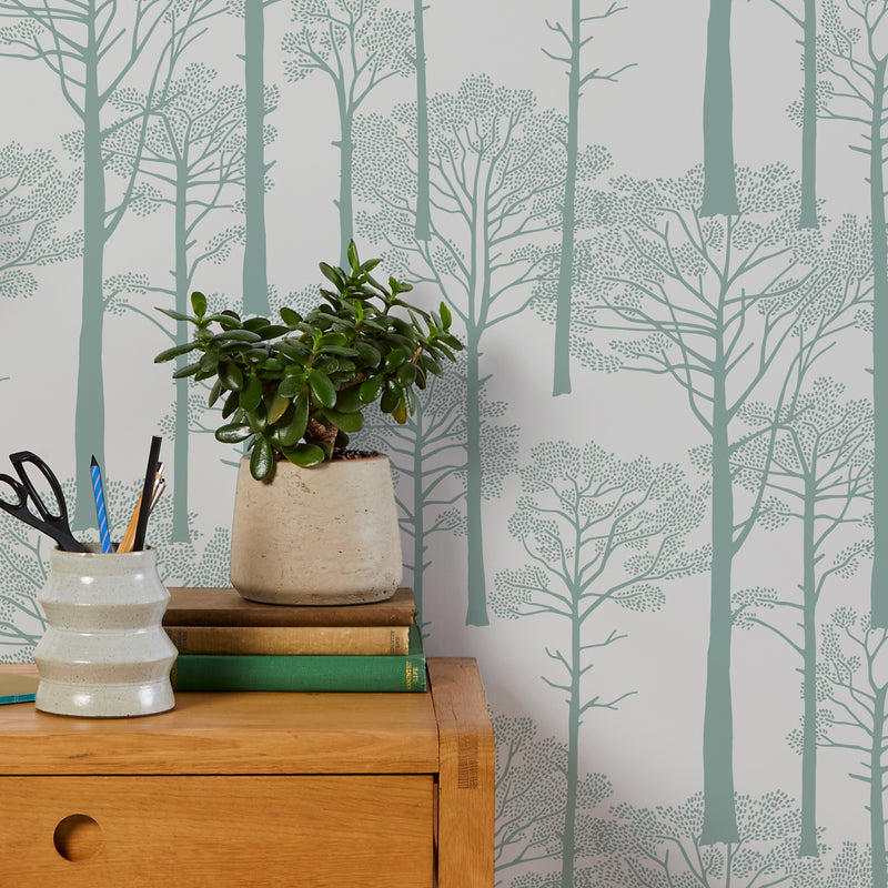 'Holkham Pine Woods' Wallpaper in Seafoam Green