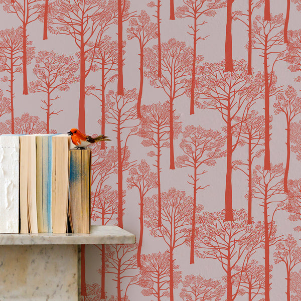 'Holkham Pine Woods' Wallpaper in Sunrise Orange