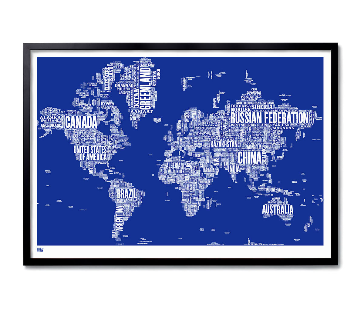 World' Type Map Print in Reflex Blue – Bold & Noble