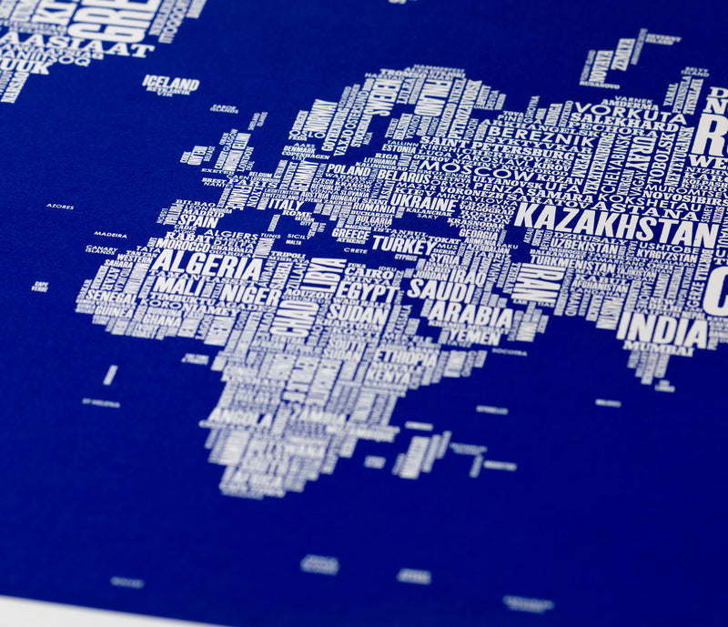 'World' Type Map Print in Reflex Blue