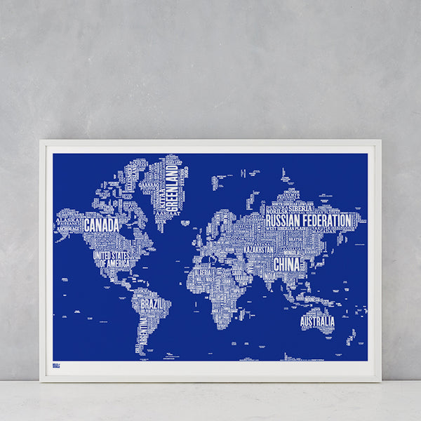 'World' Type Map Print in Reflex Blue