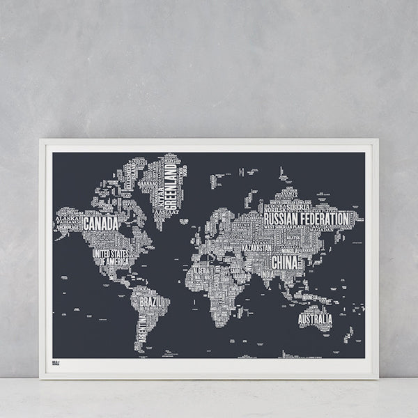 World Type Map in Dark Slate Grey, screen printed in the UK, deliver worldwide