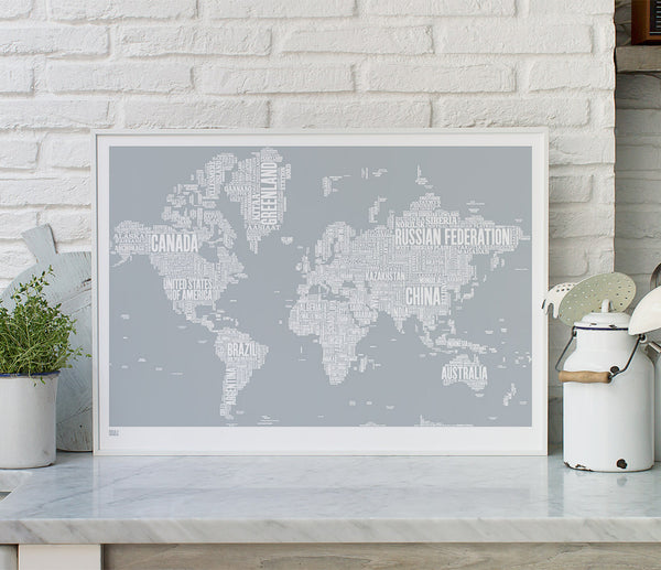 Wordle Map of the World, place names created with different fonts, fits into standard size frames or can be bespoke framed