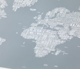 Close up of Wordle Type Map of the World in Grey