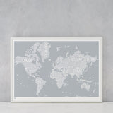 World Type Map in Light Grey, screen printed in the UK, deliver worldwide