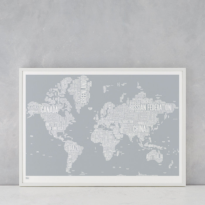 World Type Map in Light Grey, screen printed in the UK, deliver worldwide