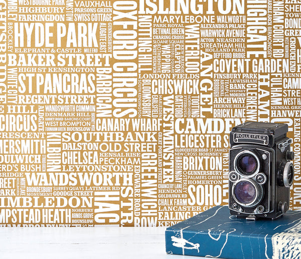 London Wordle Type Wallpaper in Gold, place names created with different fonts