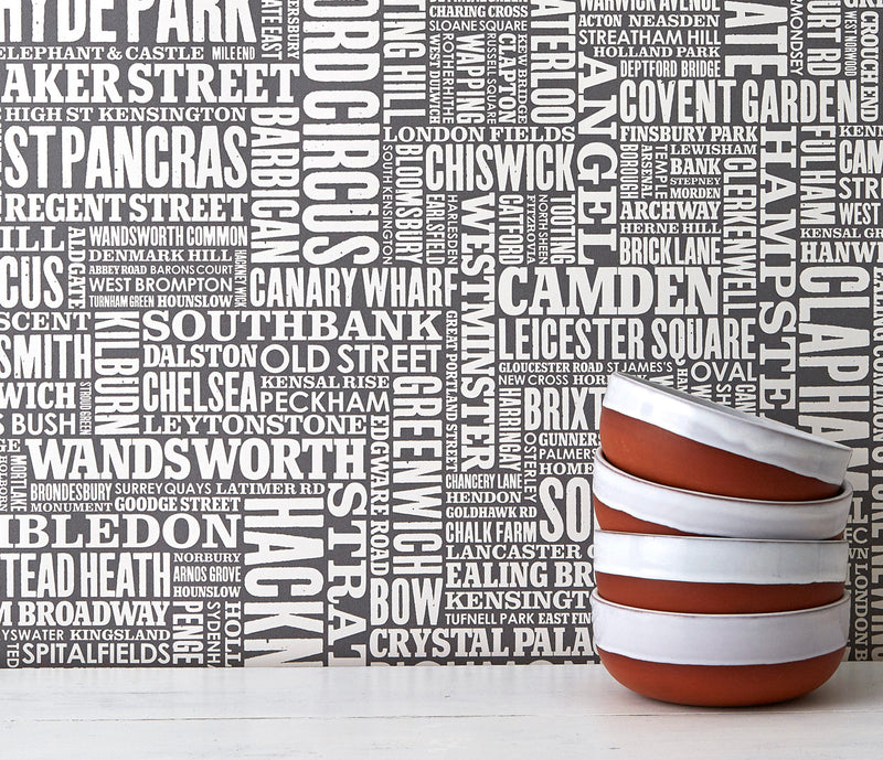 London Wordle Type Wallpaper in Slate Grey, place names created with different fonts