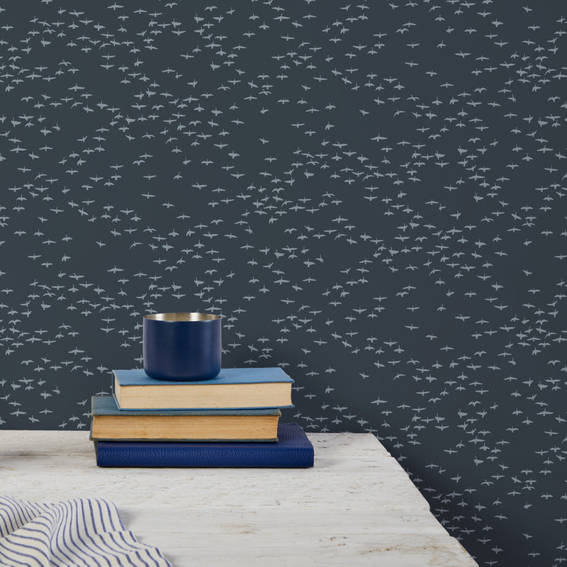 'Migrating Birds' Wallpaper in Slate Blue