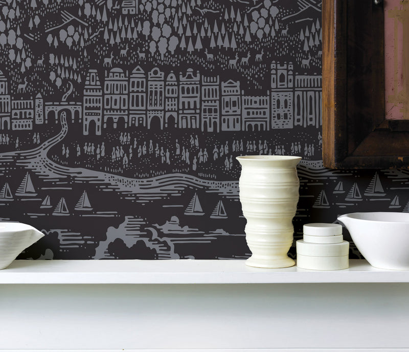 Wall Art Ideas: Economical Screen Prints, Illustrated Wallpapers, Province Wallpaper in Dark grey