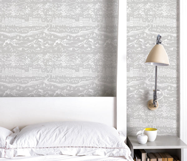 Wall Art Ideas: Economical Screen Prints, Illustrated Wallpapers, Province Wallpaper in Light grey