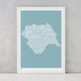 Yorkshire Type Map Print, screen printed in the UK, deliver worldwide
