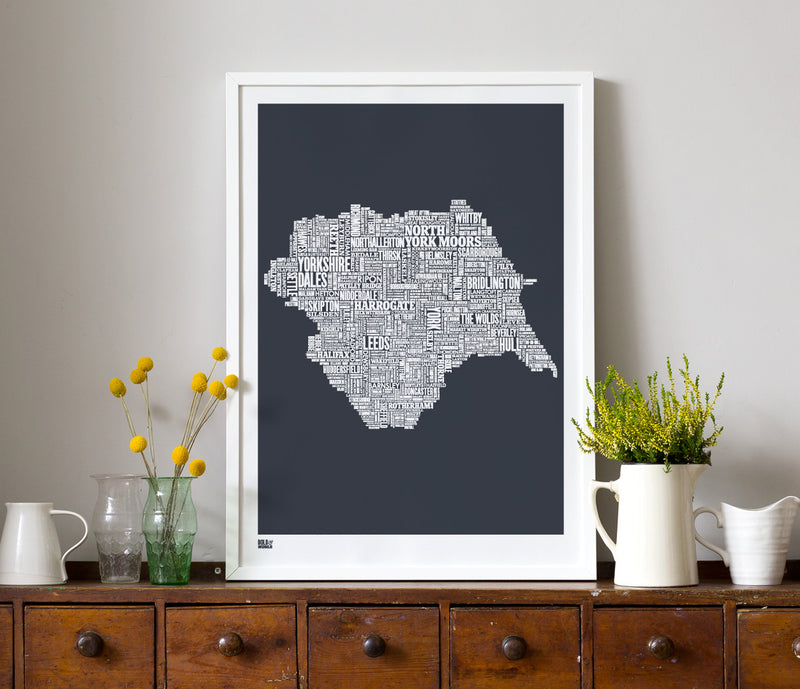 Wordle Map of Yorkshire, place names created with different fonts, fits into standard size frames, or can be bespoke framed