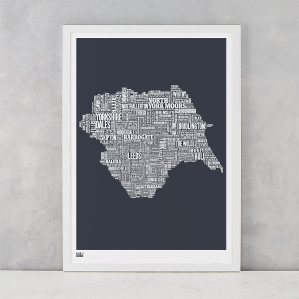 Yorkshire Type Map Print, screen printed in the UK, deliver worldwide